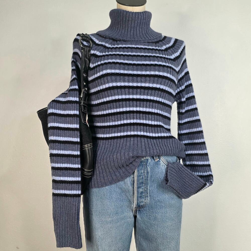 American Eagle Blue Gray Black Striped Ribbed Turtleneck Sweater Womens Size L